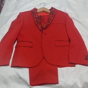 Red and Black Matching Suit Set with Stylish Patterned Collar